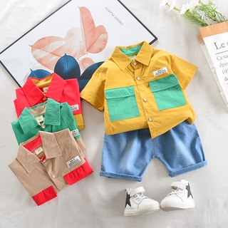 Boys short-sleeved shirt with pockets + denim shorts