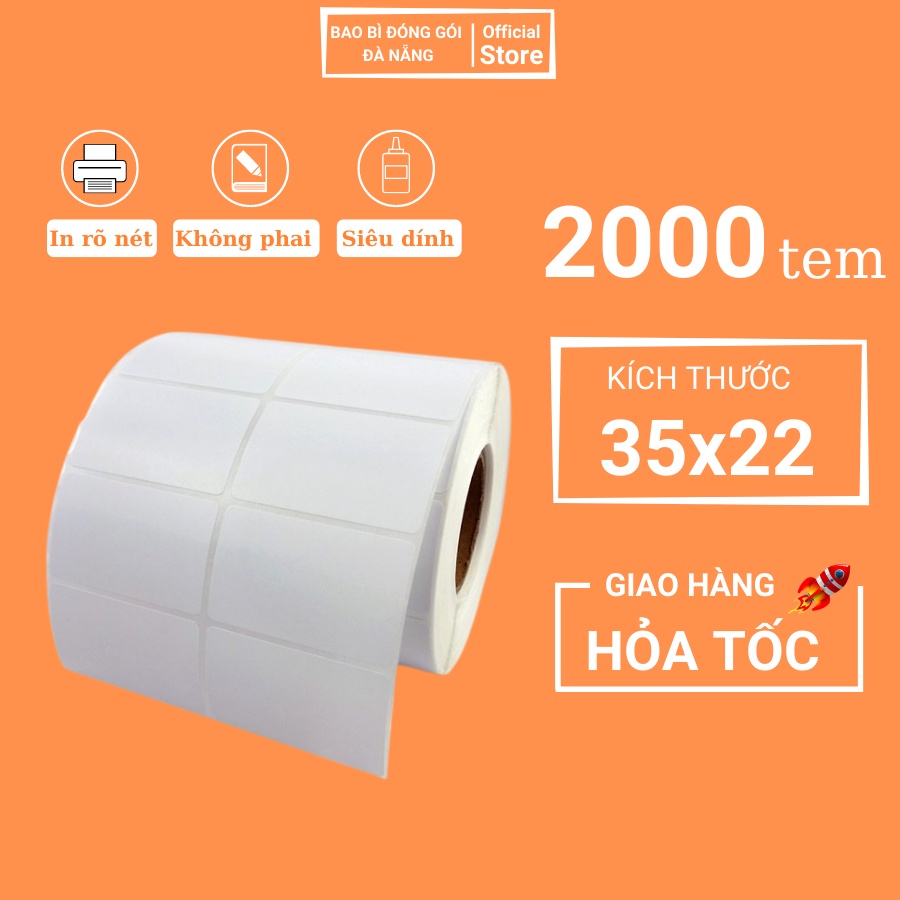 Giấy in mã vạch, decal nhiệt, cuộn in tem, 2 tem một hàng, cuộn 2000 cái 35x22