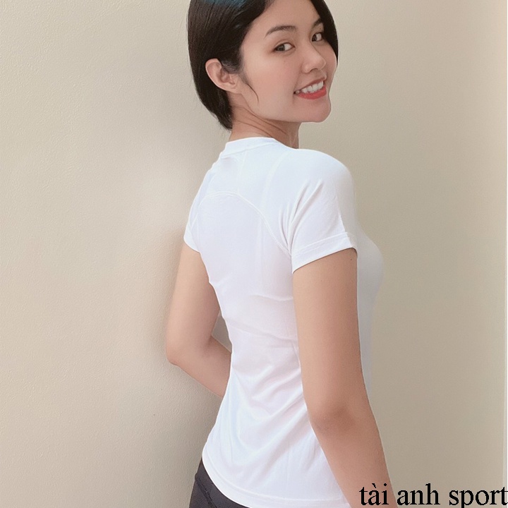 Áo nữ tập Gym, Yoga, Aerobic tay ngắn, chất thun 4 chiều - In eo