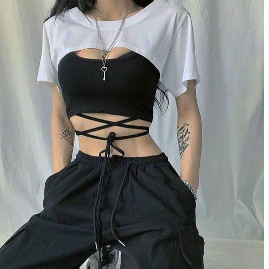 Sét áo croptop dây dài 01 vải cotton co dãn