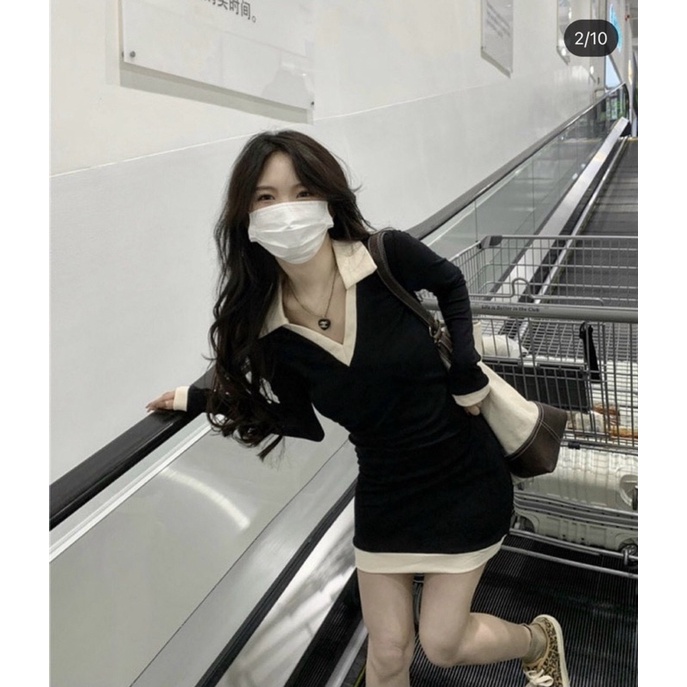 ĐẦM BODY ĐEN CỔ V VIỀN TRẮNG