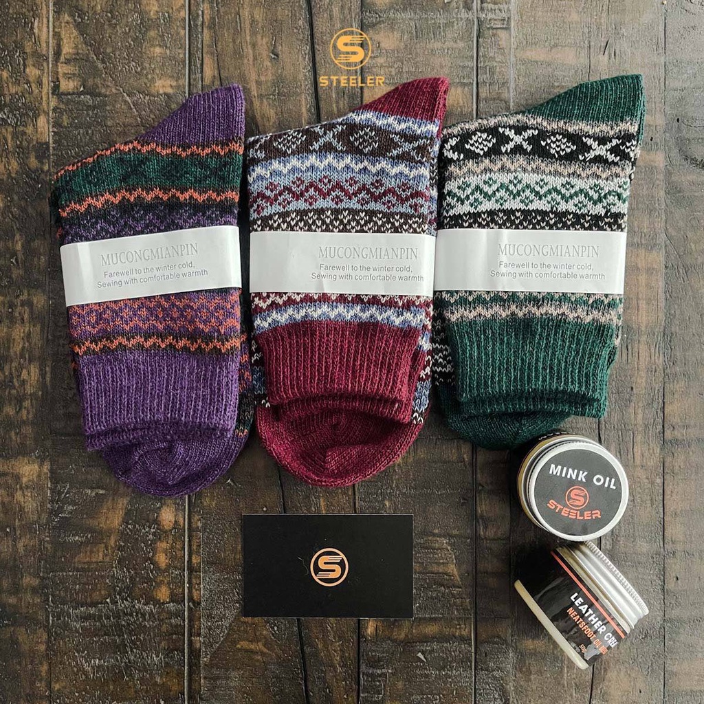 Combo 3 đôi (Giao màu ngẫu nhiên) Vớ vintage giày boot nam, họa tiết thổ cẩm, chất len co giãn STEELER