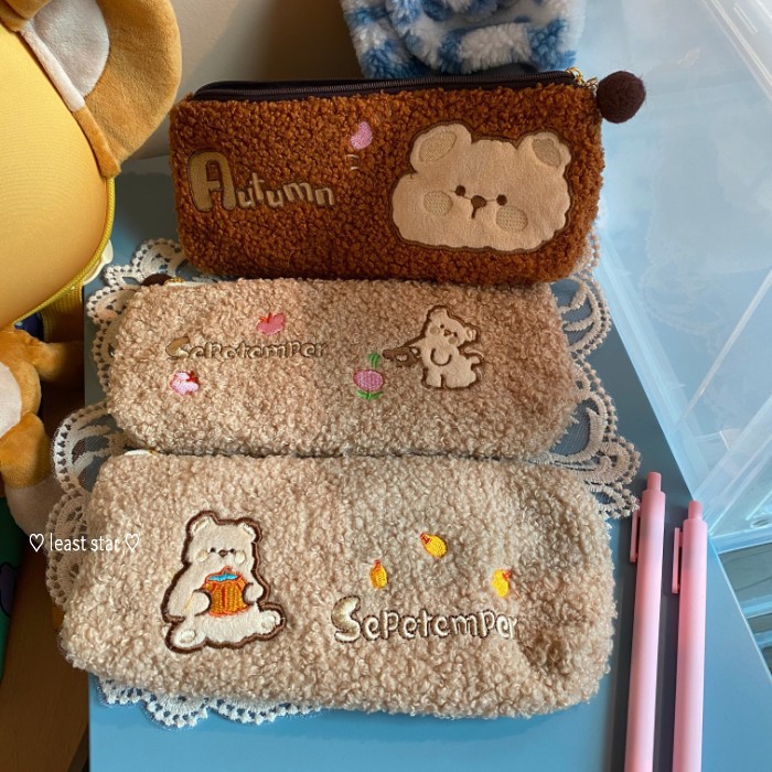 Túi Đựng Bút Thêu Hình Gấu Hoạt Hình Phối Khóa Kéo Xinh Xắn