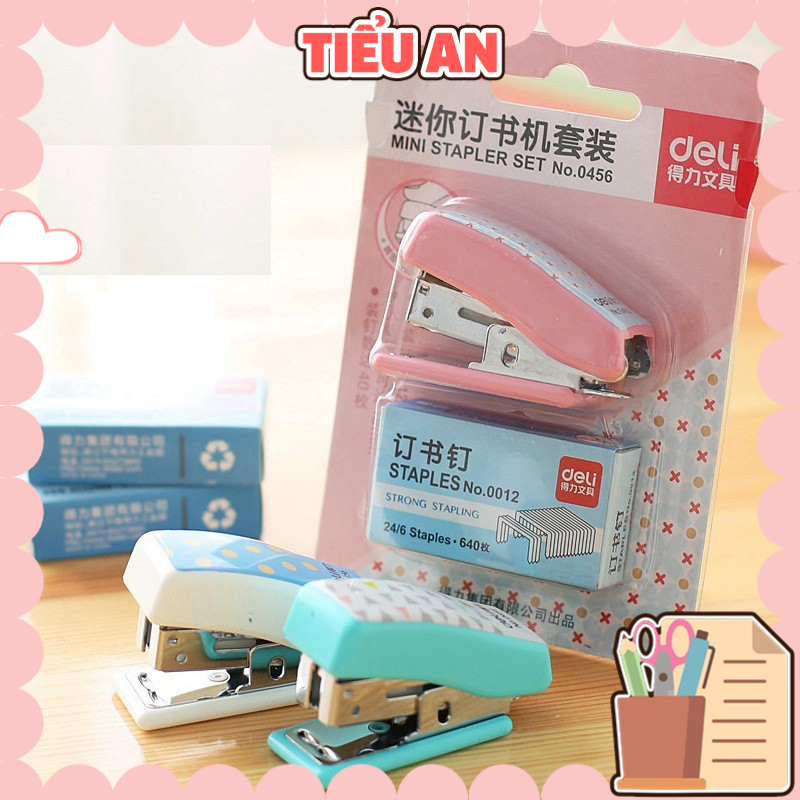 Bấm Kim Kèm Kẹp Mini Deli - Với 02 màu Xanh & Hồng cao cấp