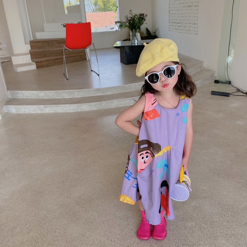 Đầm Không Tay Cổ Tròn Dáng Rộng In Họa Tiết Hoạt Hình Phong Cách Hàn Quốc Thời Trang Mùa Hè Xinh Xắn Cho Bé Gái