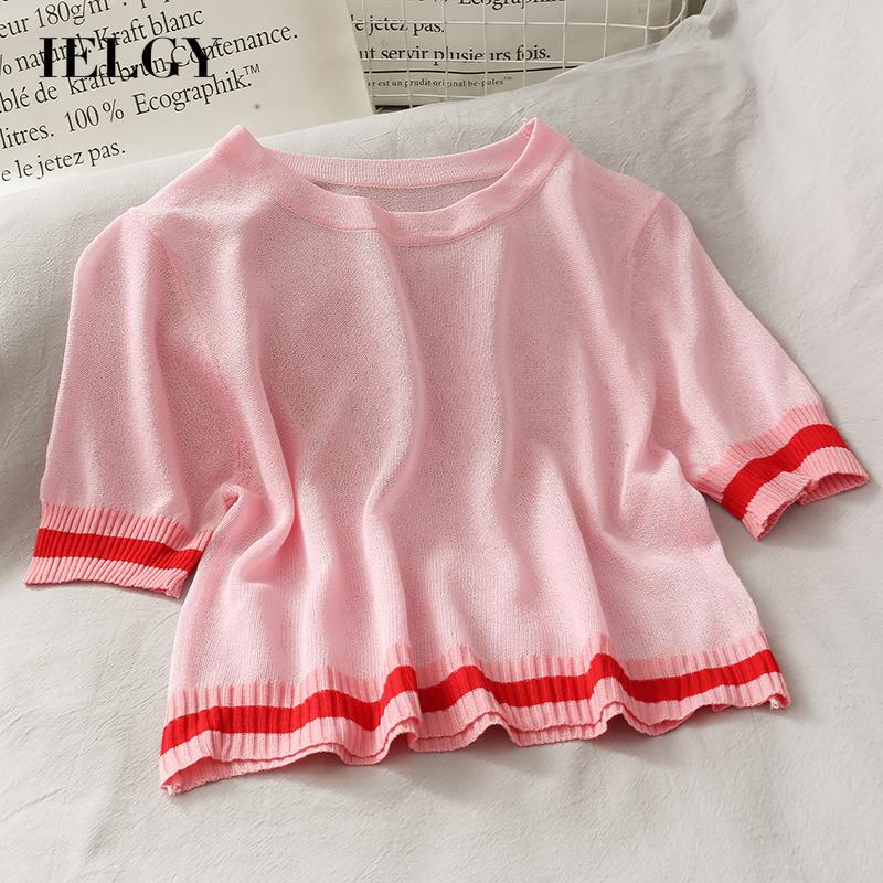 Áo thun dệt kim IELGY ngắn tay họa tiết sọc thời trang ngọt ngào cho nữ