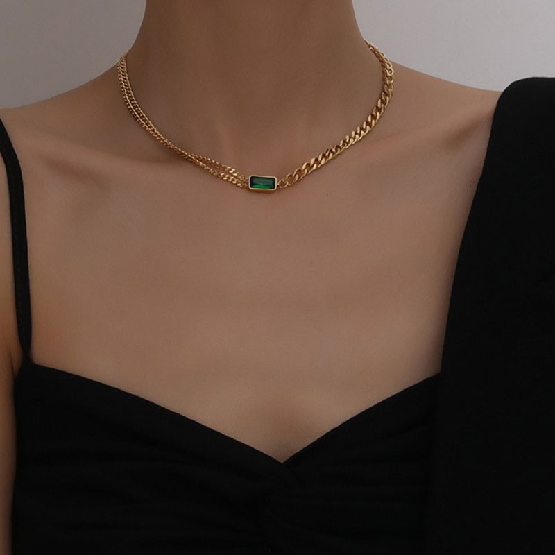 1 Vòng cổ bông tai vòng tay dây đôi đính đá ngọc lục bảo sang trọng cho nữ