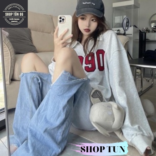 Áo sweater polo dài tay unisex dưới 80kg chất thun SHOP TŨN - Áo polo dài tay phối khóa cổ 1990