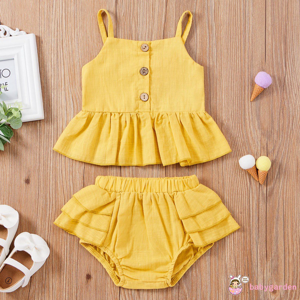 Bộ Áo Hai Dây Phối Quần Short Có Nút Màu Trơn Thời Trang Mùa Hè Cho Bé Gái