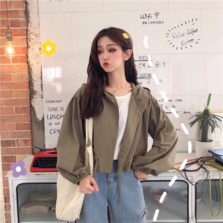 Áo khoác croptop tay phồng có nón thời trang xinh xắn cho nữ