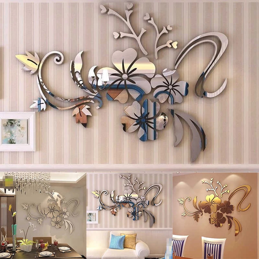 Miếng dán tường acrylic hình bông hoa lớn 3d tráng gương màu bạc đẹp mắt trang trí nội thất nhà cửa