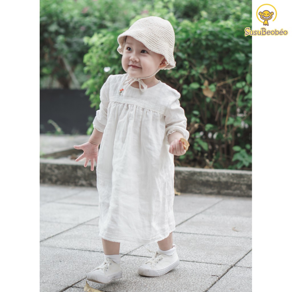 Đầm phối ren cho bé tay dài thêu tay cao cấp vải linen trắng thân thiện trẻ em (vải tốt - may kĩ)
