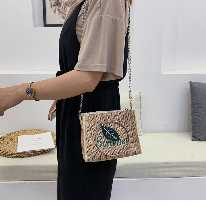 Túi xách tay nữ đeo vai VUÔNG quai hình TRÒN SUMMER lá mùa hè mới vải xô rơm phương Tây Hàn Quốc dệt đi chơi biển SM114