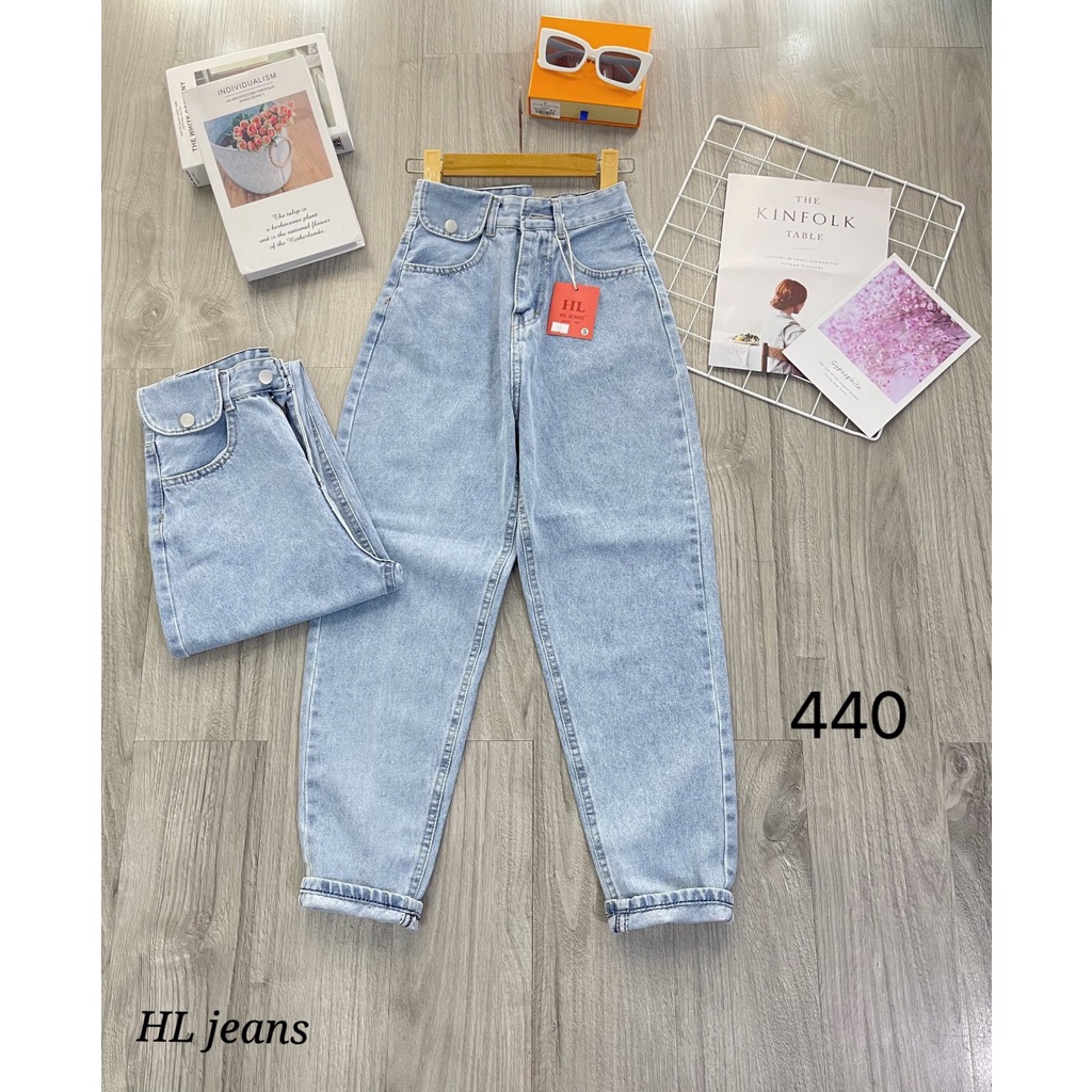 Quần baggy jeans nữ nắp túi kiểu, Quần bò nữ cạp cao chất jean dày mềm không dãn