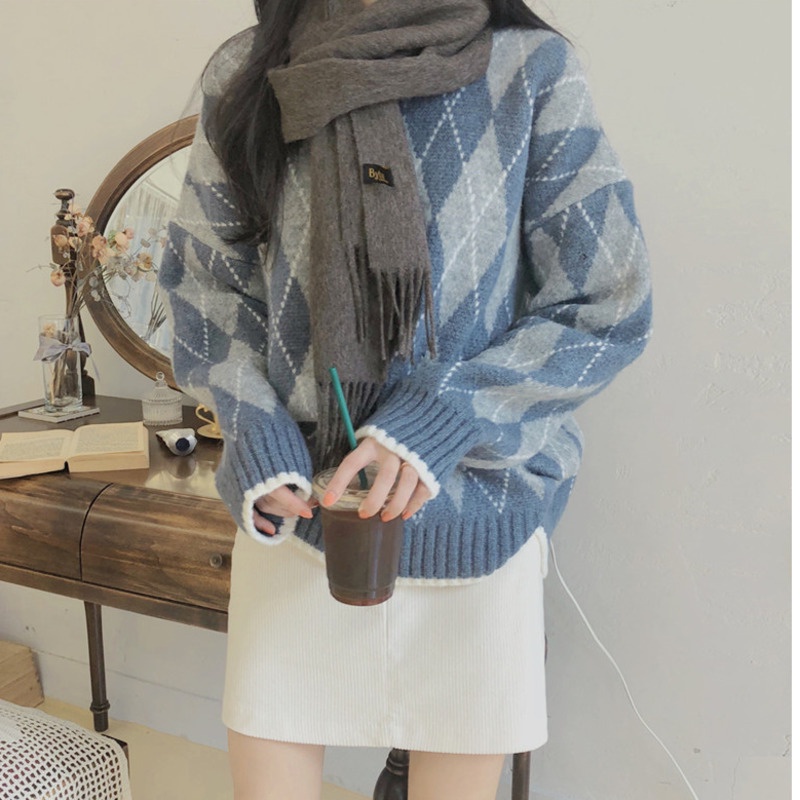 Áo sweater dệt kim cổ tròn dáng rộng dày dặn phong cách retro thời trang