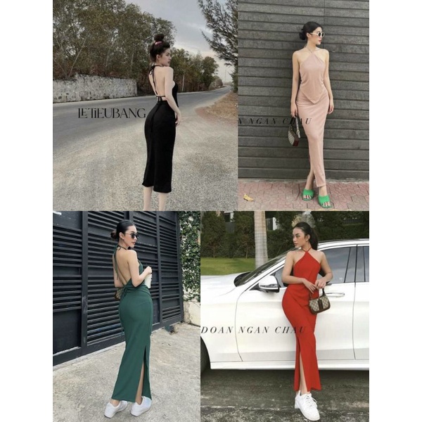 Set Thun Áo Cổ Yếm Cột Dây Hở Lưng Sexy Và Chân Váy Xẻ Dáng Dài Maxi - Có Mút Ngực