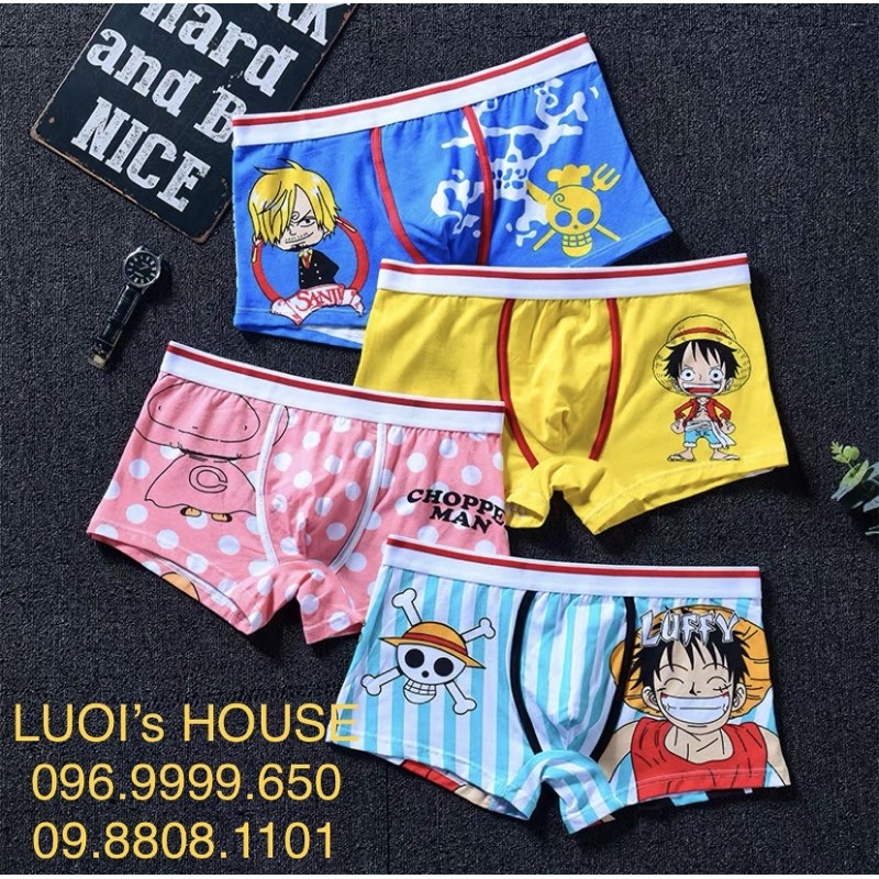 Set 4 Quần Lót Đùi Boxer Nam Hoạt Hình Ngộ Nghĩnh Siêu Nhân Songoku Luffy One Piece Chất Vải Cotton Kháng Khuẩn Vượt Trộ