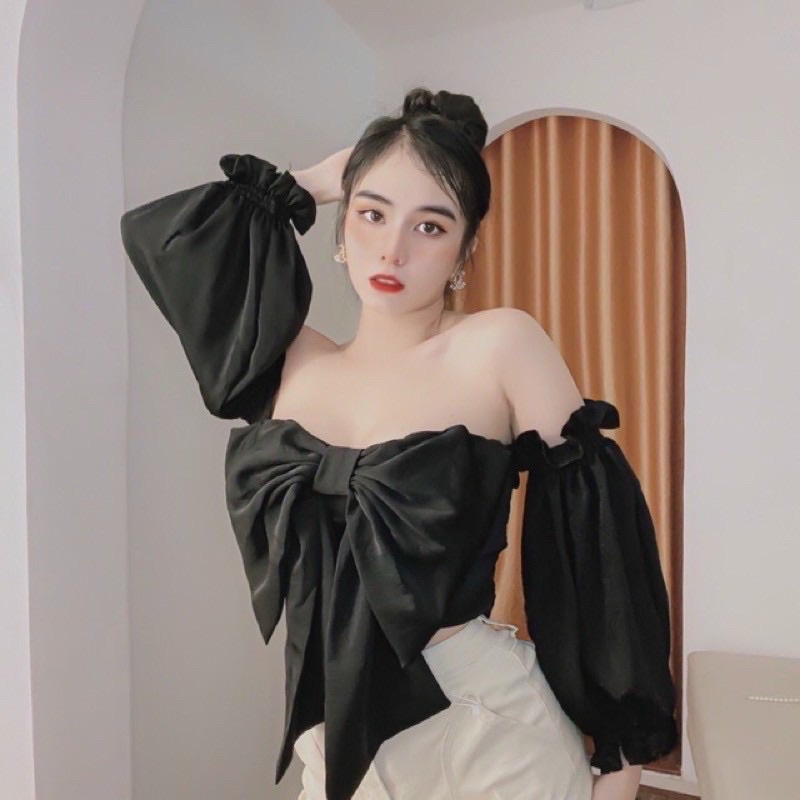 Áo Trễ Vai Nơ Ngực Lớn Tay Dài Nhún Sau Lưng - Video sàn