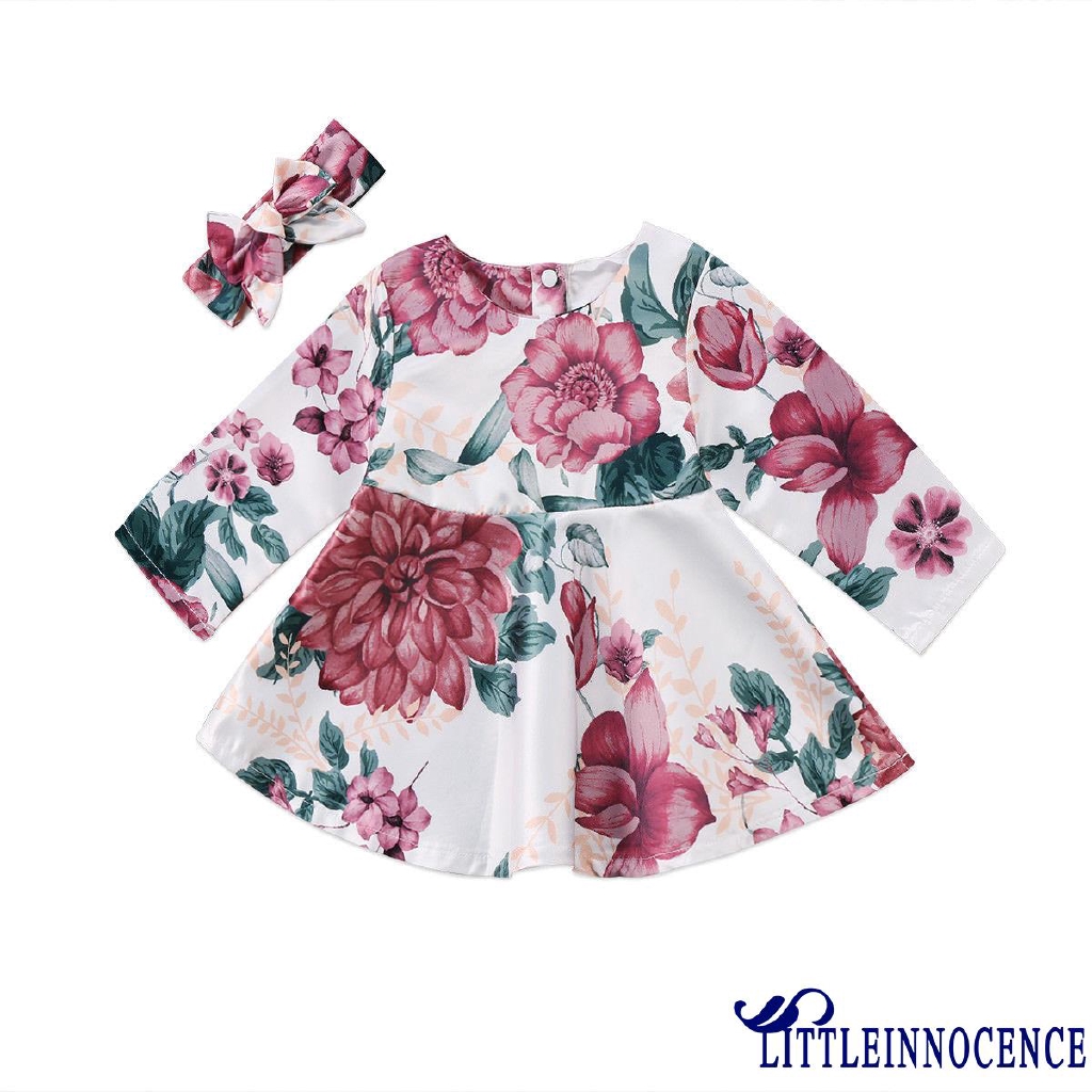 ❤XZQ-Newborn Baby Girls Long Sleeve Floral Dress Headband 2PCS Outfits Kids Clothes