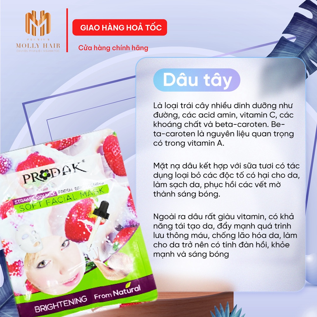 Mặt nạ giấy dưỡng ẩm, dưỡng trắng MollyHair Prodak tinh chất thiên nhiên cao cấp (Ngọc trai, Dâu Tây, Dưa leo, Trái cây)