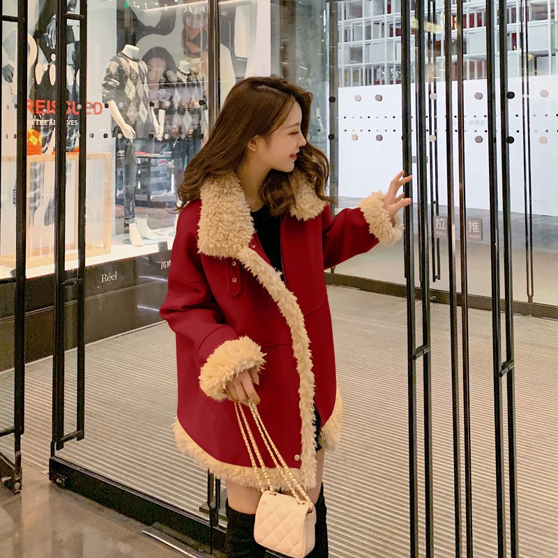 ÁO KHOÁC LEN LÔNG CỪU MÀU ĐỎ CHO NỮ VÀO MÙA THU ĐÔNG GIÁNG SINH VÀ NĂM MỚI