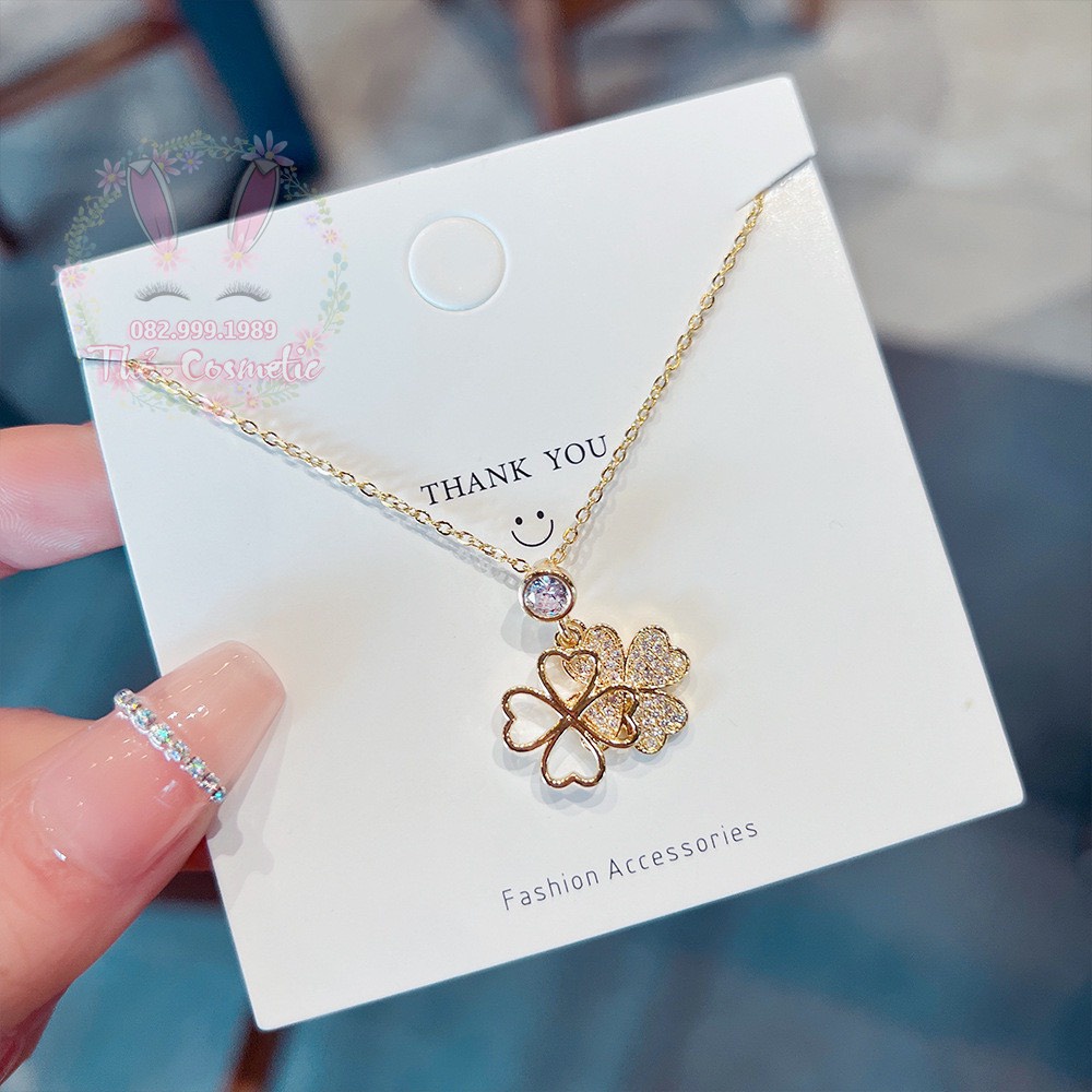 Dây chuyền Vòng cổ hình lá 4 2 lớp cánh TITAN màu Rose Gold (không đen gỉ) đính đá cao cấp