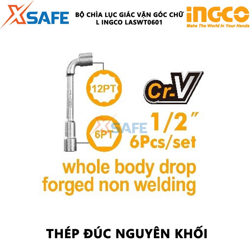 Bộ 6 chìa vặn góc L INGCO LASWT0601 Bộ chìa lục giác 6 chi tiết, chất liệu CR-V, cấu trúc một mảnh, đúc nguyên khối