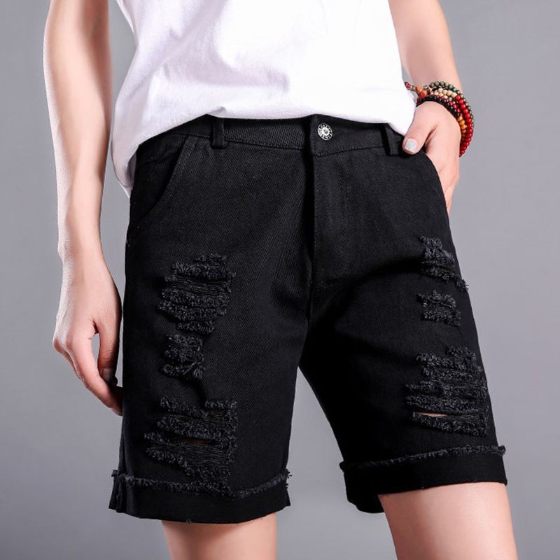 Quần jean☑❦▬Quần short denim trắng, năm điểm cho nữ, lưng cao thẳng lưng, âu ống rộng có lỗ mới phong cách hàn quốc