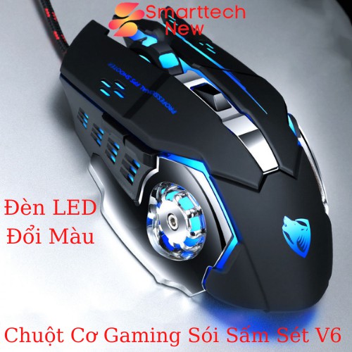 Chuột Máy Tính Chuột Cơ Gaming Có Dây V6 T - WOLF Có Đèn Led Full Led Đổi Màu Liên Tục, Siêu Nhạy, Đế Di Kim Loại