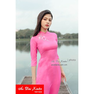 Áo dài lụa hồng trơn gắn hoa - 191103