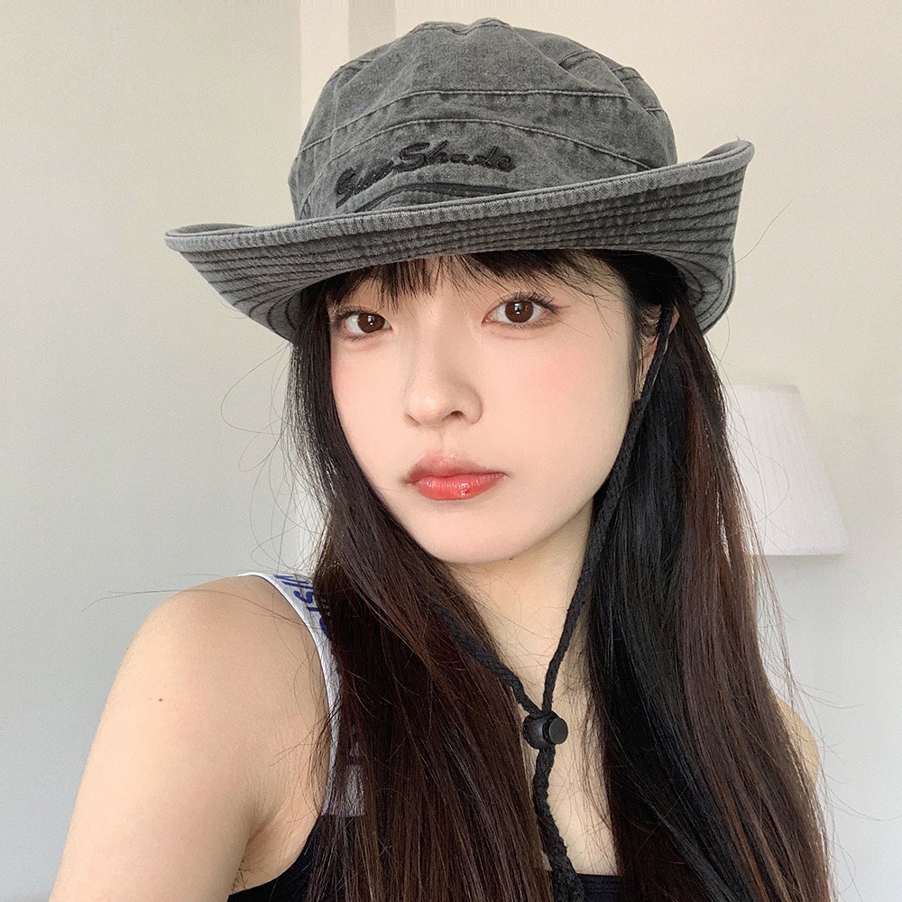 Mũ tai bèo giặt mài chống nắng ngoài trời có dây rút phong cách cao bồi phương Tây cổ điển dễ phối đồ cho nữ