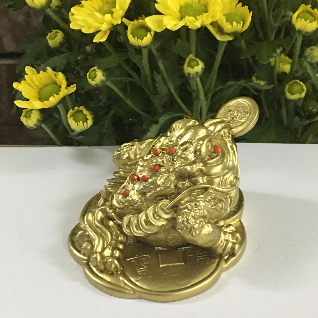 Cóc ngậm tiền mang tài lộc  cao 7 cm rộng 10 cm màu vàng sơn đồng