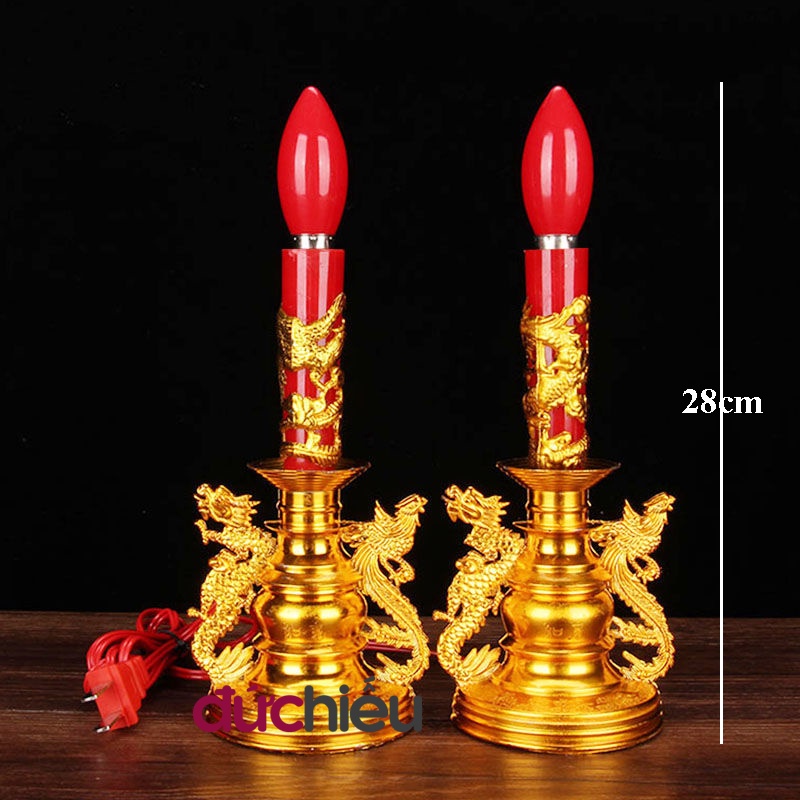 Đèn cầy điện để bàn thờ hình rồng phượng cao 28cm  – Đức Hiếu Shop