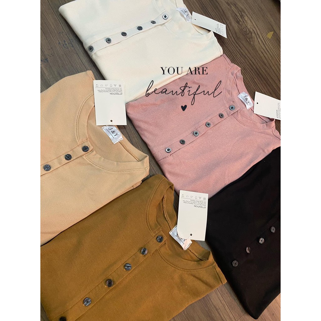 Áo Thun Xước Cúc Dọc VERTICAL Nữ ♥ Phông giấy dài tay trơn màu Đen | Trắng | Hồng | Be | Nâu Ulzzang HOT ♥