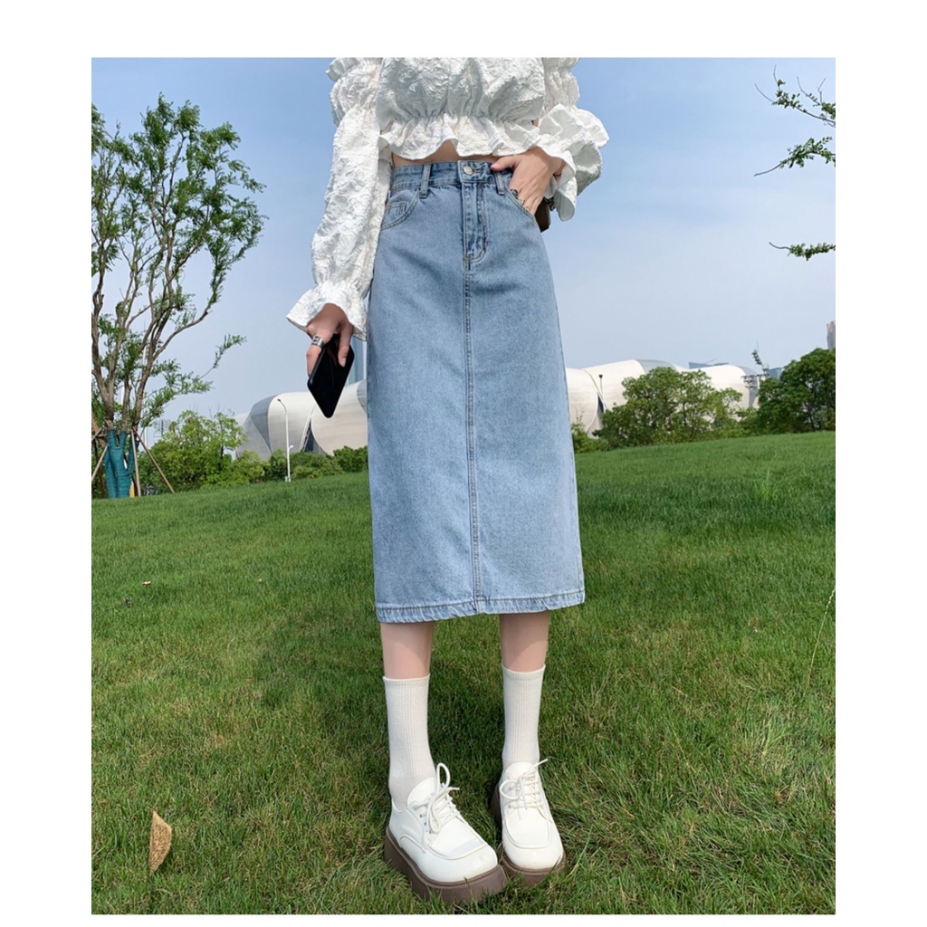 [52-90kg] Chân váy jeans dài BigSize qua gối phom chữ A, co dãn mạnh, lưng cao 4335 MLJ