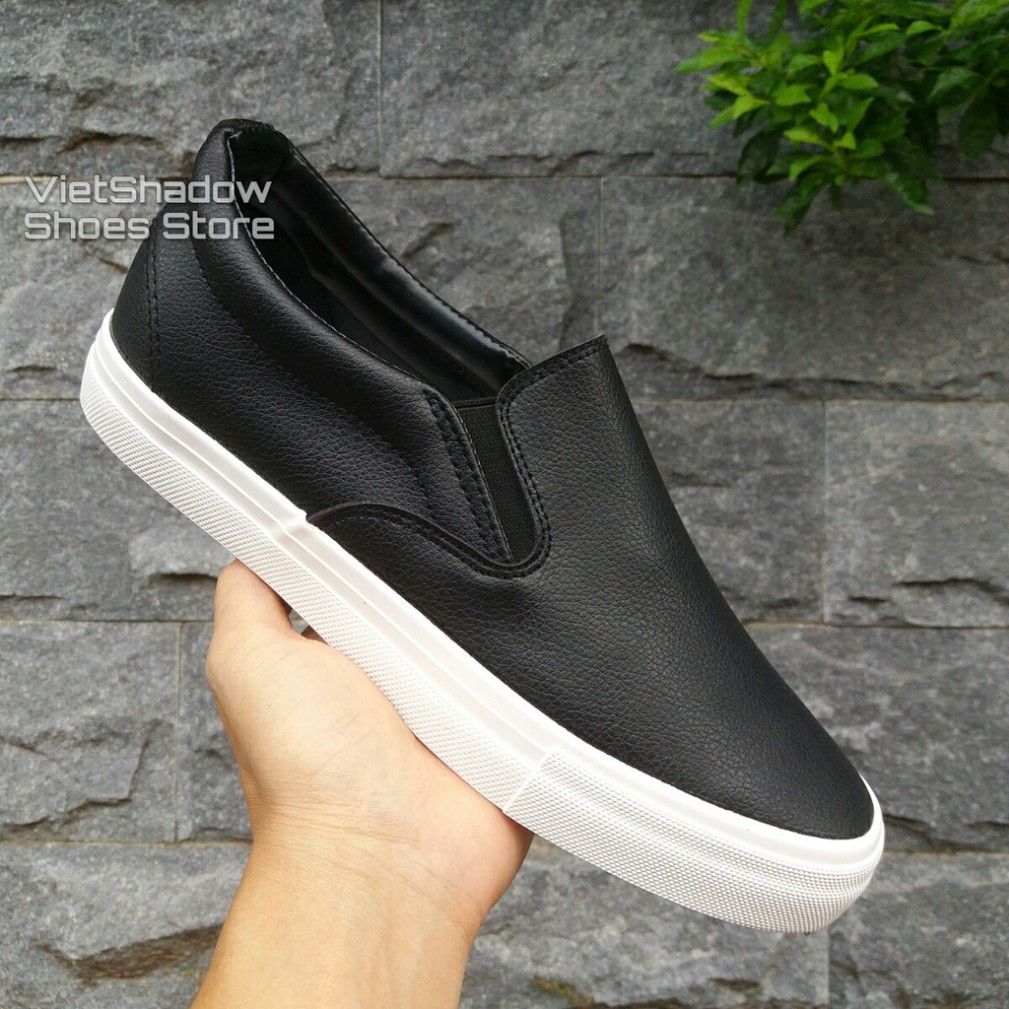 Tặng Nước Hoa Slip on da nam - Giày lười da nam tăng chiều cao - Chất liệu da PU màu đen đế trắng và trắng full - Mã SP