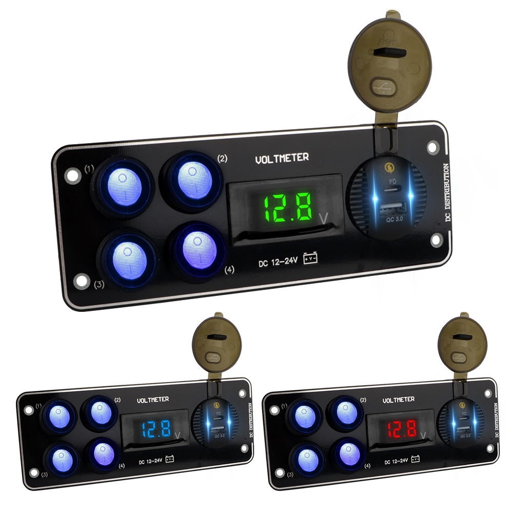 Bảng công tắc sạc 12-24V 4 cổng PD QC3.0 cho xe hơi/xe tải ATV UTV