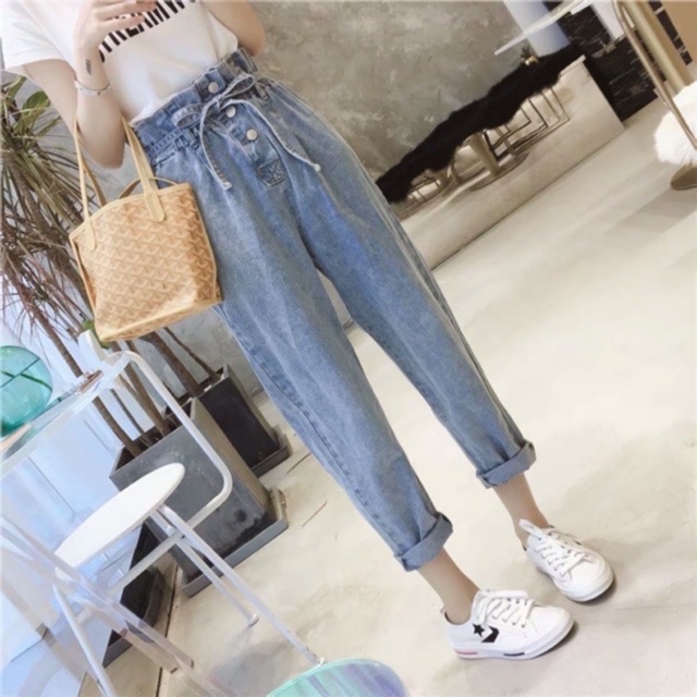 Có bigsize Quần jeans dài cạp chun phối dây buộc nơ