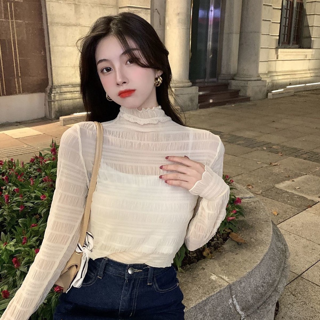 Áo thun tay dài cổ lọ phối ren thời trang xuân thu mới cho nữ 2021