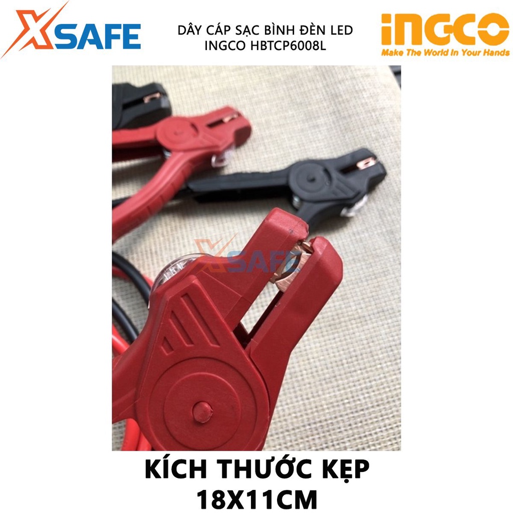 Dây cáp sạc bình có đèn led INGCO HBTCP6008L 600AMP, dây đồng, chiều dài cáp 3m