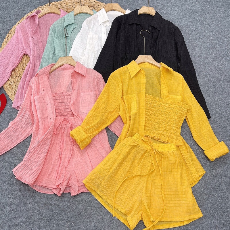 Sét 3 món áo ống + quần short kèm áo sơ mi hot trend