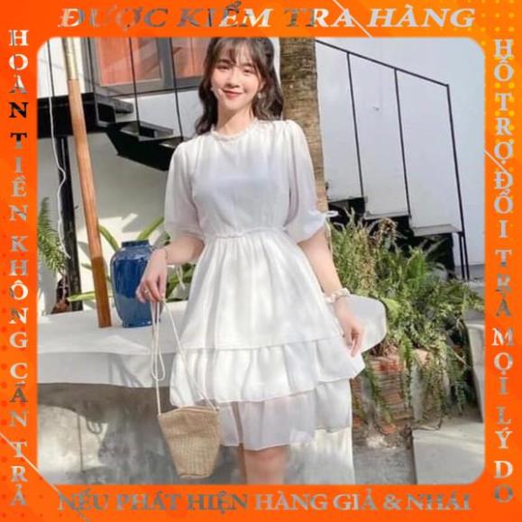 Váy đầm nữ trắng tinh khôi xếp tầng tay lỡ chất voan cao cấp kiểu dáng thanh lịch thích hợp mặc đi tiệc, đi chơi qphat