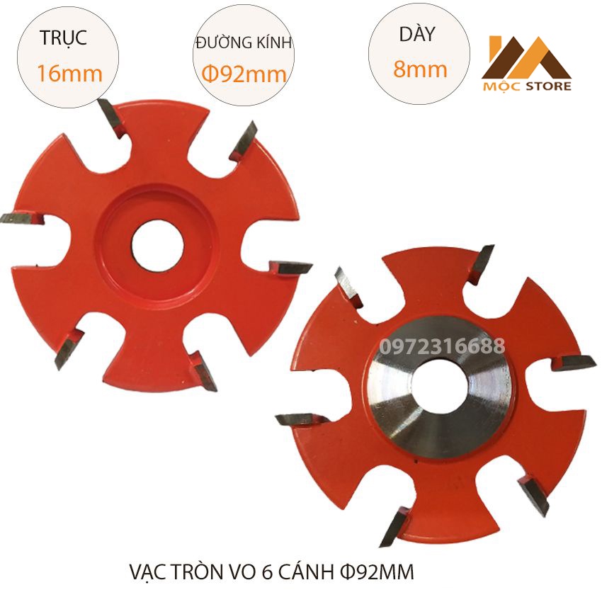 MŨI SOI GỖ - MŨI PHAY VẠC TRÒN VO 6 CÁNH PHI 92MM X 8MM X TRỤC 16MM - DỤNG CỤ PHỤ KIỆN NGÀNH MỘC