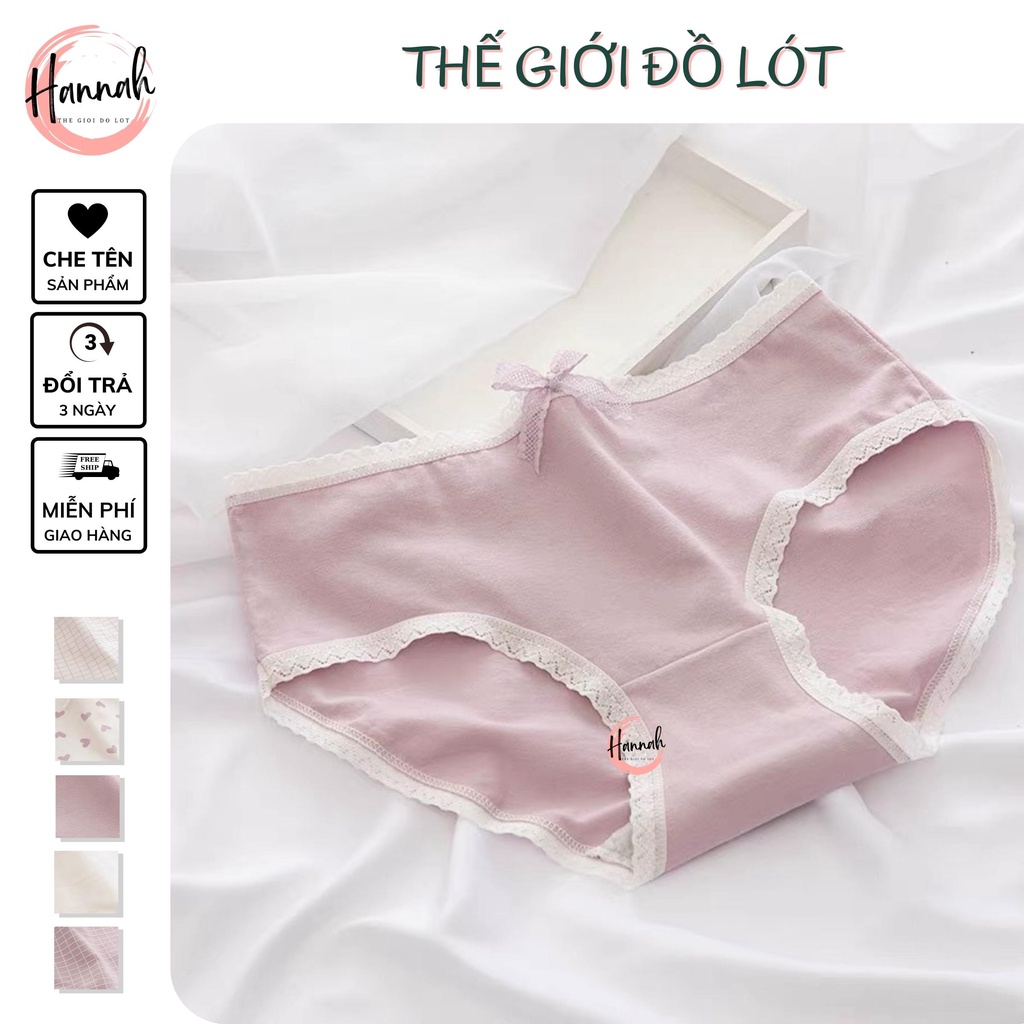 Combo 5quần lót nữ HANNAH SECRET quần chip cotton cao cấp kháng khuẩn họa tiết tim hồng viền ren đính nơ xinh xắn