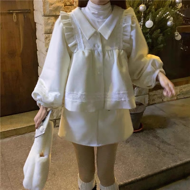 Set Áo Tay Dài Bồng Dáng Babydoll Cổ Bẻ Và Chân Váy Chữ A Xinh Xắn