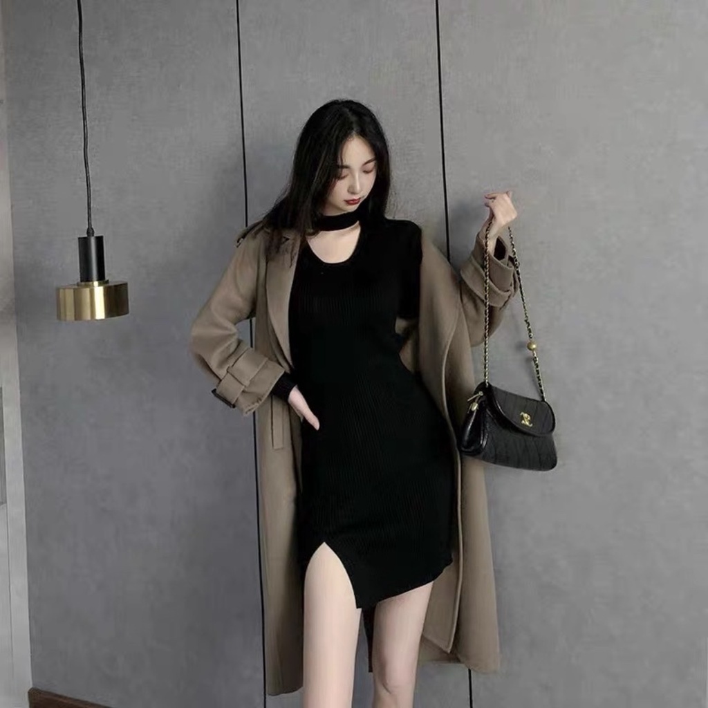 Đầm body dài tay xẻ trước cổ tròn cut-out sành điệu cá tính phong cách Hàn quốc màu đen chất thun gân mịn đẹp mặc đi chơ