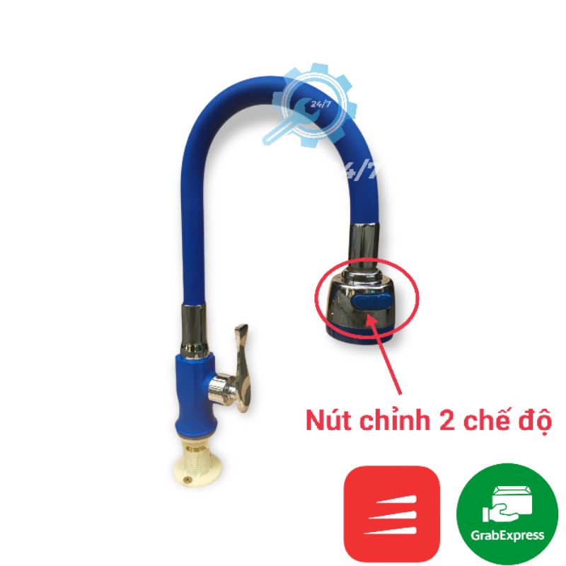 Vòi rửa chén bát bẻ xoay 360 độ cần Inox bọc cao su màu xanh 2 chế độ cắm đứng phi chậu rửa Inox