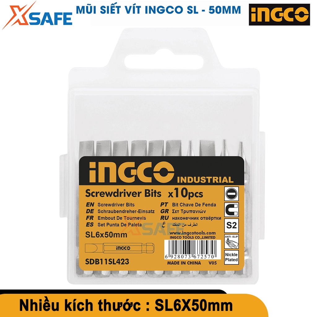 Bộ mũi siết vít đa năng INGCO size SL1-SL2-SL3-SL4-SL5-SL6 10 chi tiết, mũi bắn vít thép Cr-V [CHÍNH HÃNG][XSAFE]