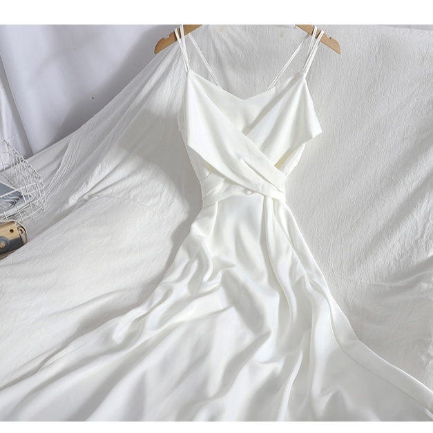 M185 - Váy maxi lụa Ulzzang hai dây cổ V đan chéo thắt nơ lưng sang trọng