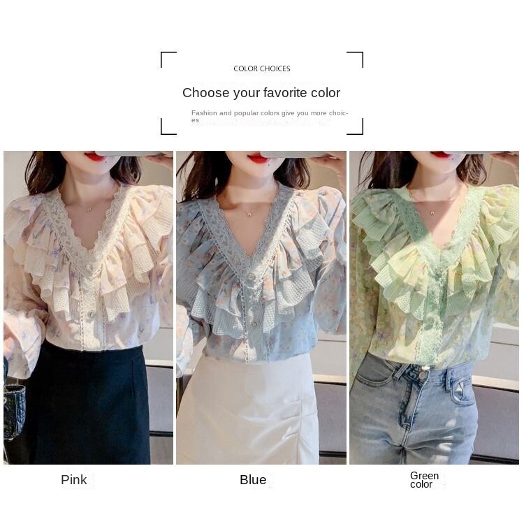 Áo Sơ Mi chiffon Tay Dài Cổ Chữ v In Họa Tiết Hoa Phối Bèo Đính Nút Kim Cương Giả Xinh Xắn Thời Trang Mùa Xuân